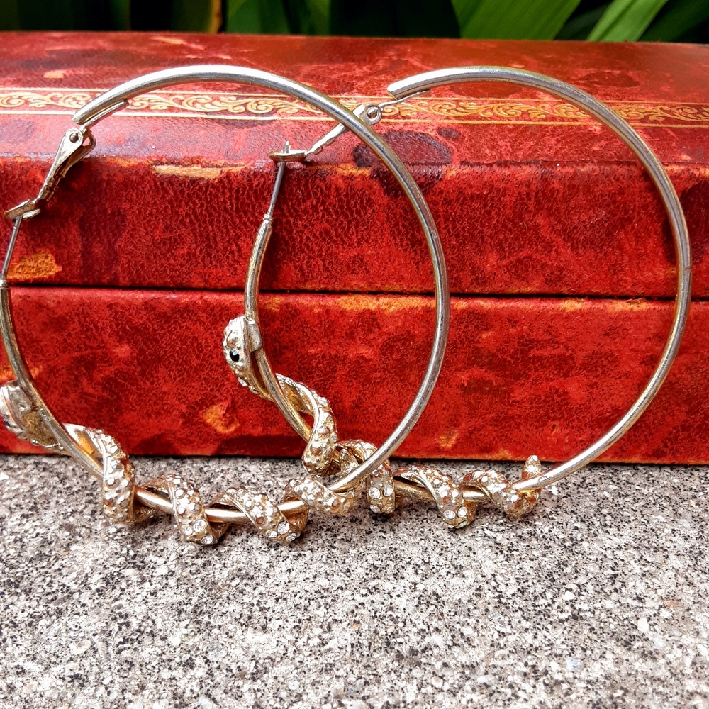Rhinestone Coiled Snake Hoop Earrings, Large Glam Serpent